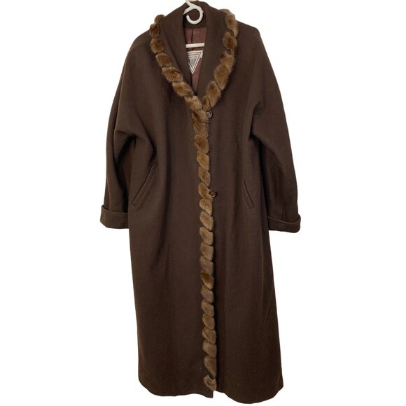 Vintage  Sz 16 Marvin Richards Brown Wool Coat Mink Trim Maxi Brown 7905 - Picture 2 of 15